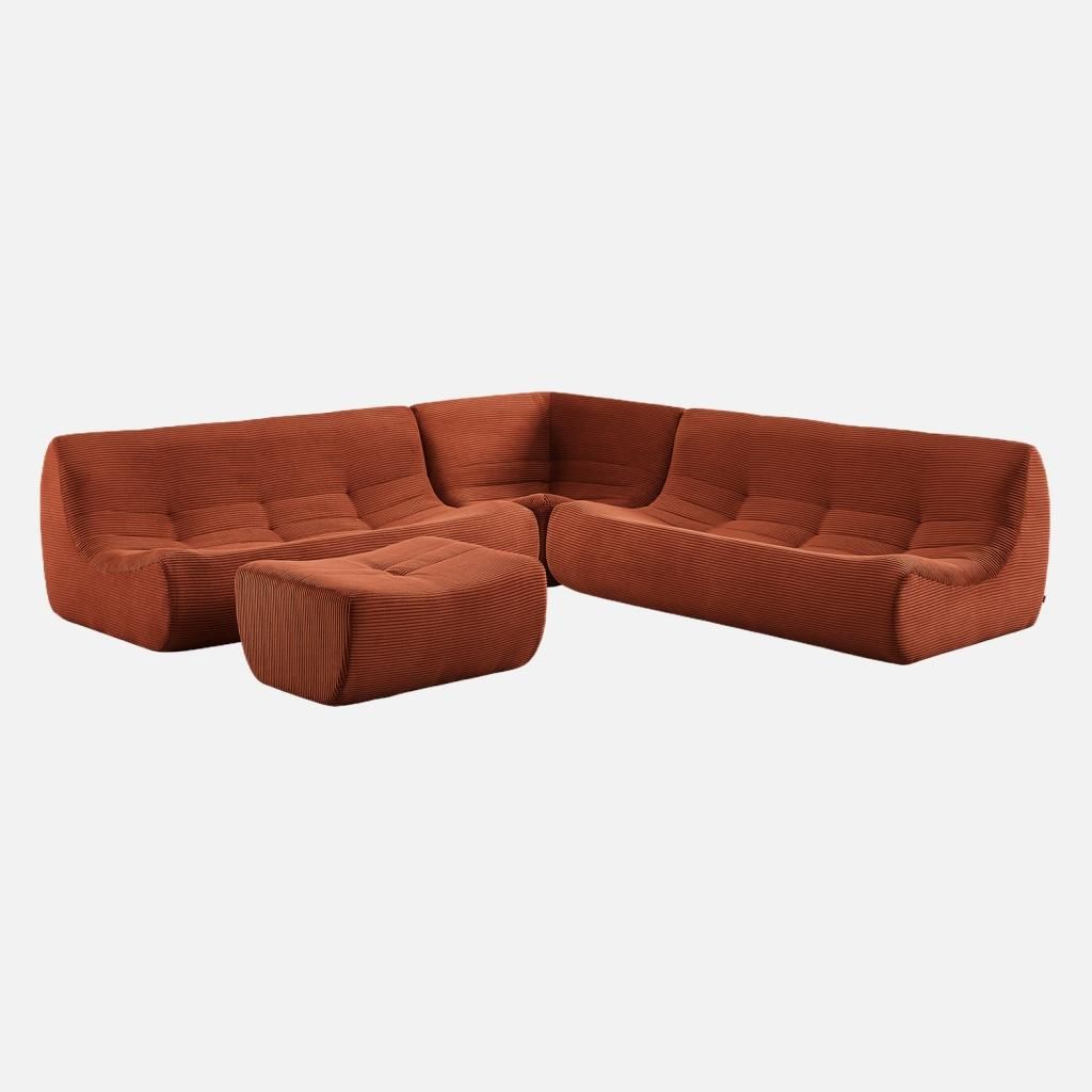 sweeek - Modulares Ecksofa für 7 Personen mit Cordbezug und Hocker - Terrakotta