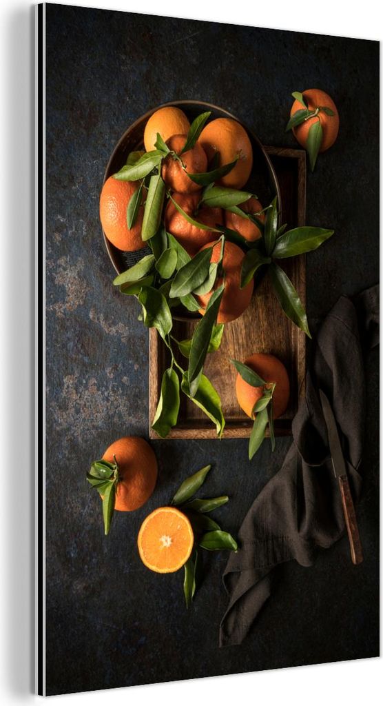 MuchoWow Wanddekoration Metall Metallbild Wandkunst 100x150 cm Orangen - Blätter - Orange - Stilleben MuchoWow Aluminium Gemälde - Bild