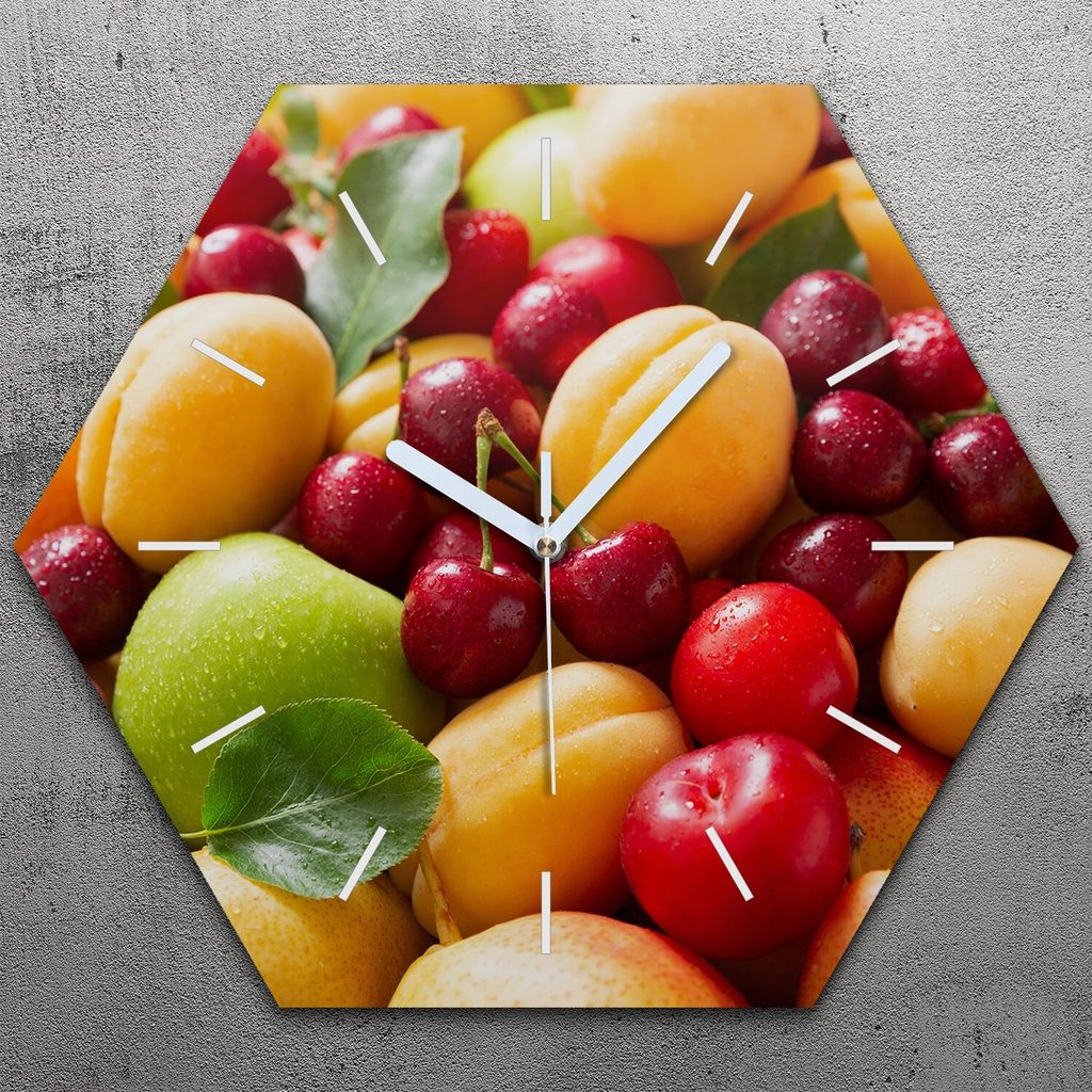 Uhr hexagonal 40 cm Glas Geräuschlos weiße Zeiger - Farblich Früchte
