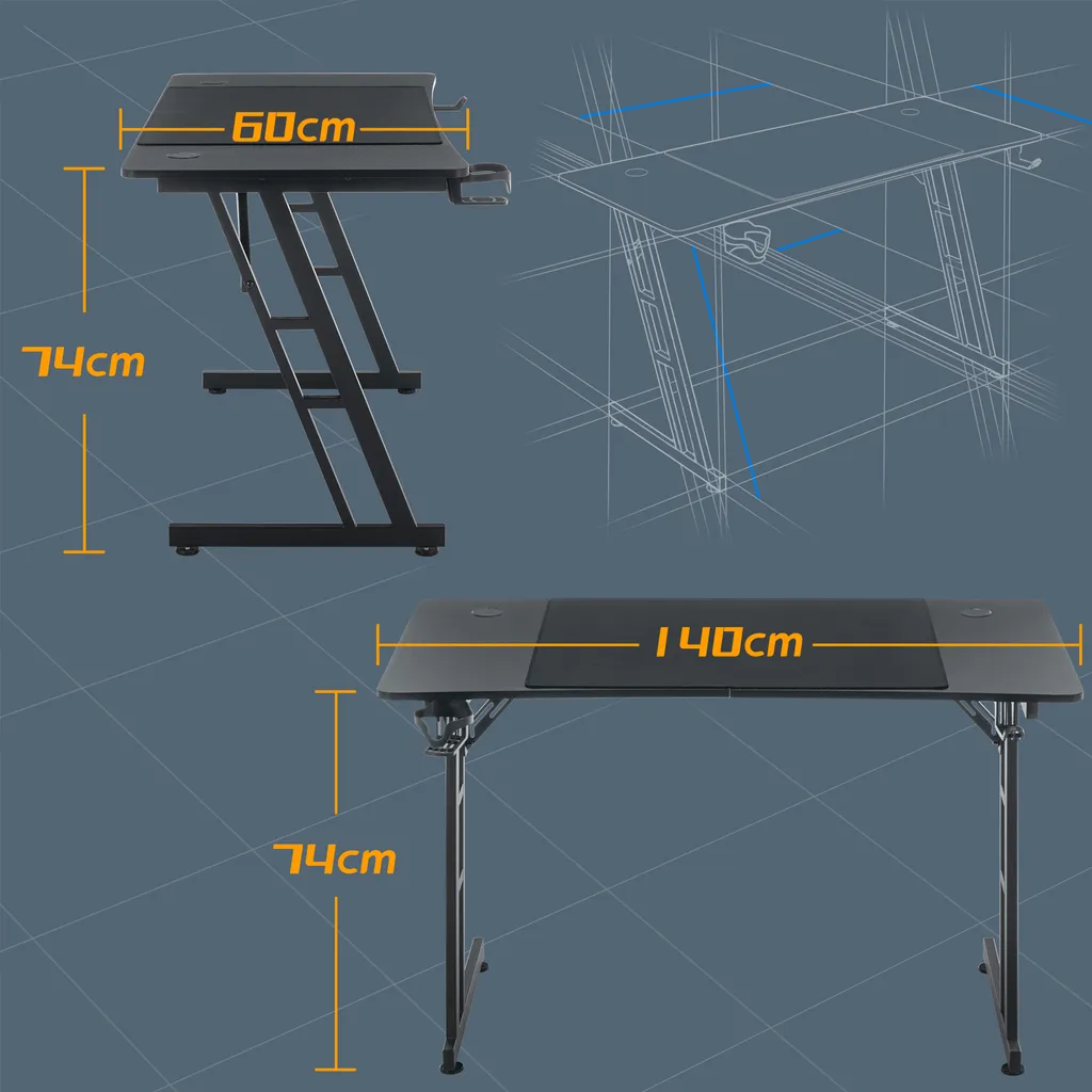 Bureau gaming ergonomique 140x60cm avec support casque et porte-boisson - 2