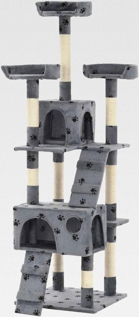 Katzen-Kratzbaum mit Sisal-Säulen 170 cm Pfoten-Aufdruck Grau Katzenmöbel für kleine und große Katzen