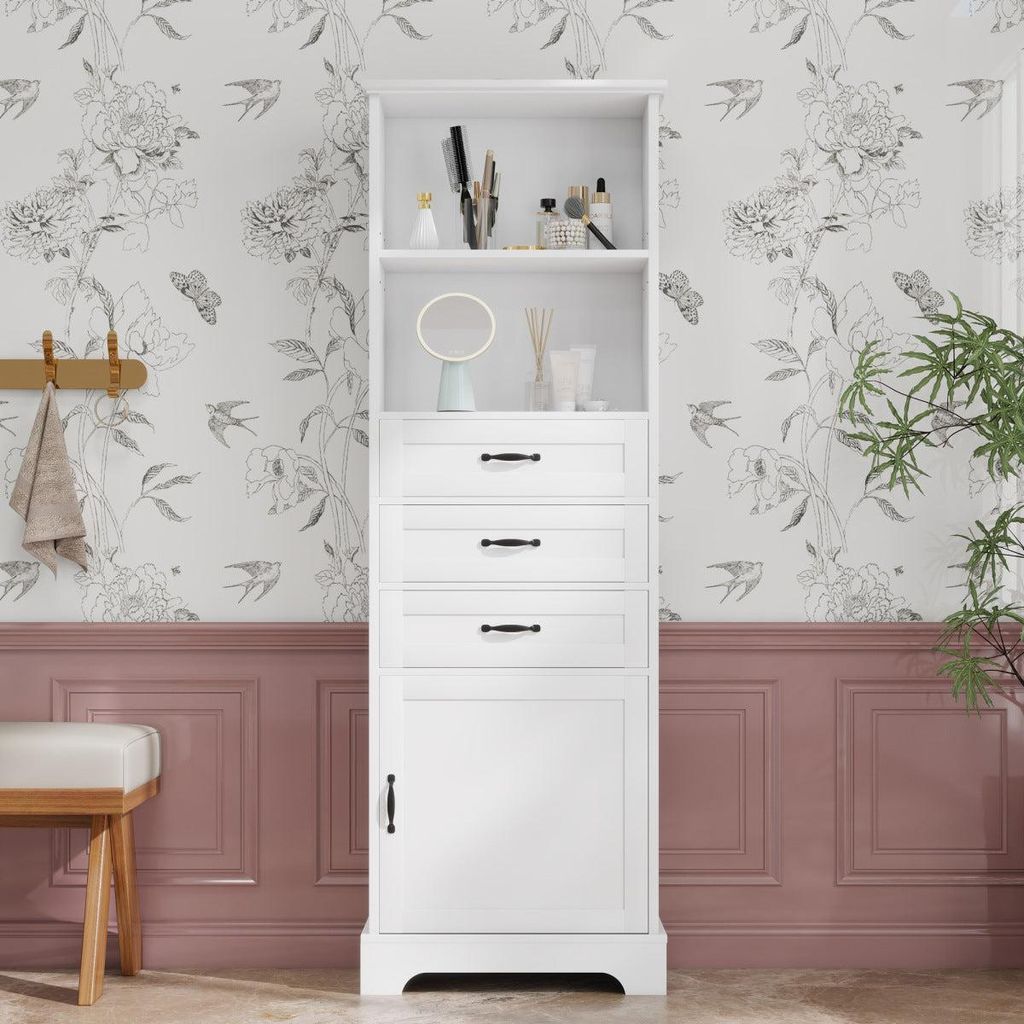 Badezimmerschrank Hochschrank mit 3 Schubladen Offenen Regalen und Staufach Feuchtigkeitsbeständig Lackiert 56x25,6x167cm Weiß