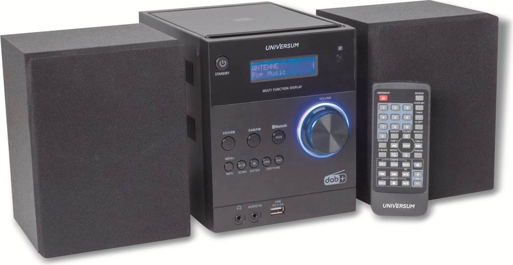 A black stereo system with two speakers and a remote control, displayed on a white background.