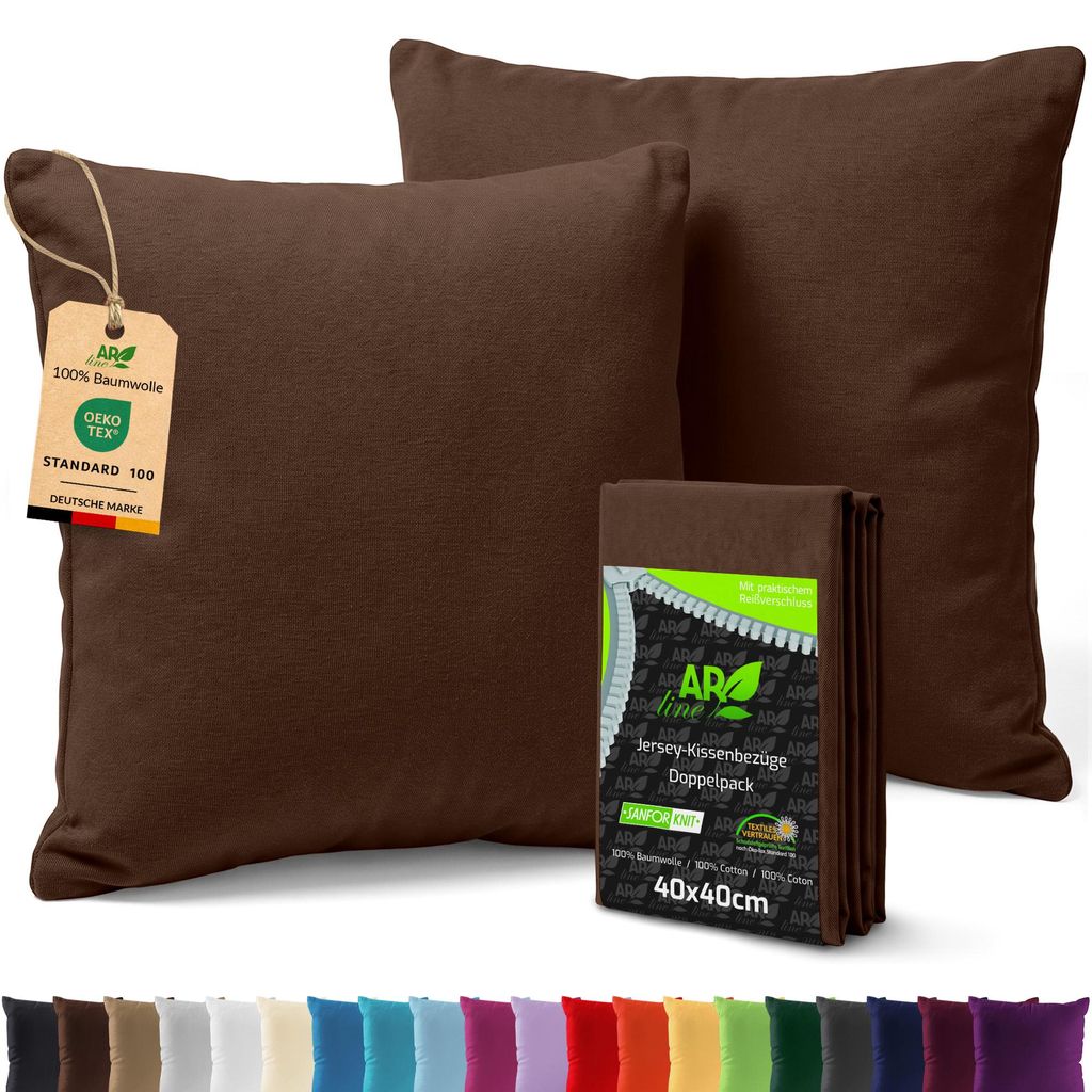 AR Line 2er Pack Jersey Kissenbezüge 40x40 Baumwolle – weich, atmungsaktiv, Kissenhüllen mit Reißverschluss, in Farbe: Schokobraun