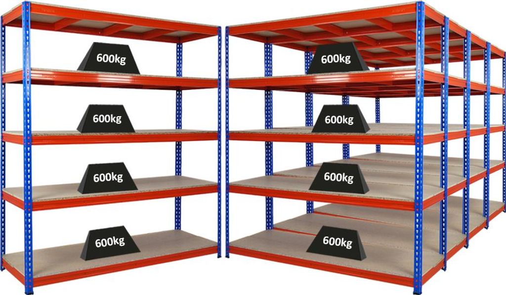 Mega Deal | 5x Profi Schwerlastregal BISON | HxBxT 200x180x60cm | 5 Fachböden | Fachlast 600kg | Blau-Orange
