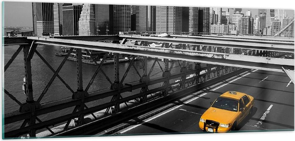 Bilder auf glas - New York Manhattan Brooklyn Brücke Taxi - 100x40cm - Glasbilder - Wandbilder - Kunstdruck - Wanddekoration aus Glas - Glas Bilde...