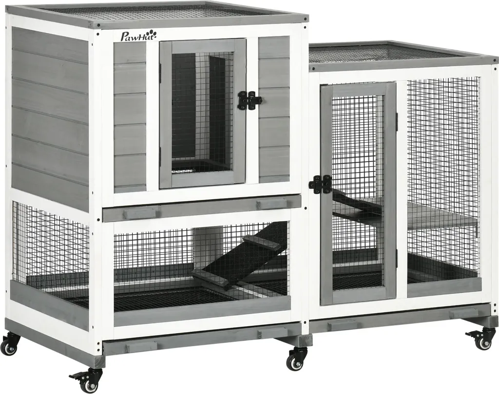 Enclos lapin intérieur spacieux en bois gris sur roulettes PawHut
