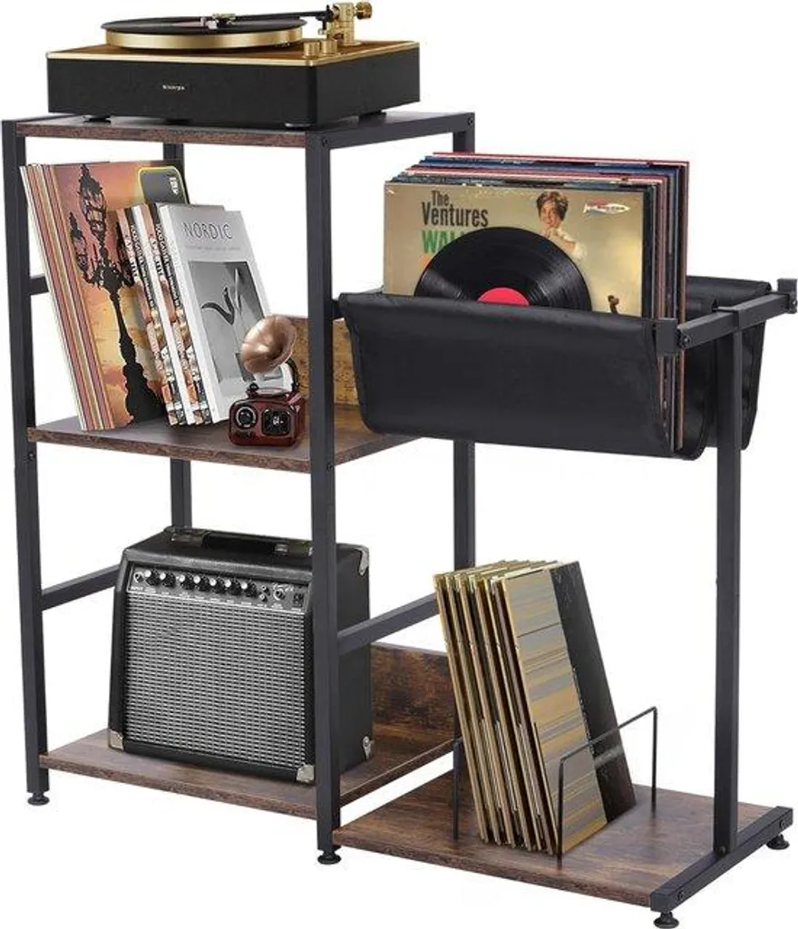 Support pour platine vinyle en bois avec étagère et porte-revues design