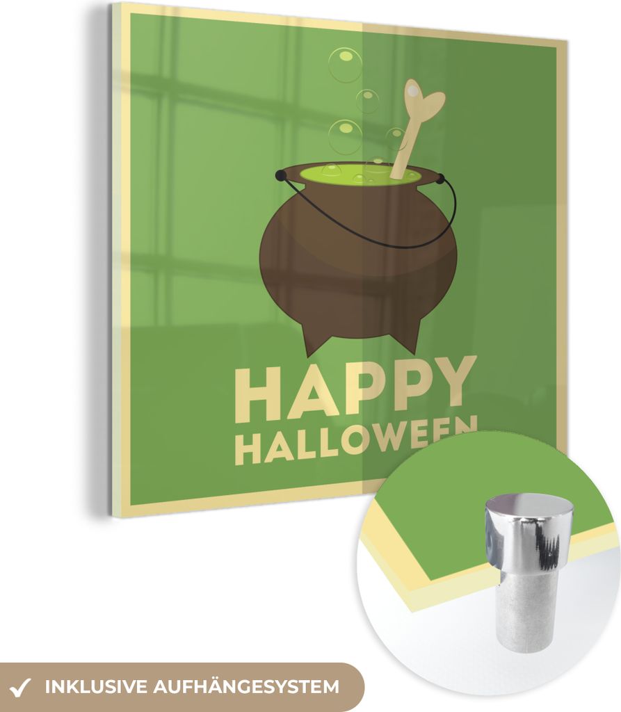 MuchoWow Glasbilder - Bilder auf Wandbild - Foto auf Glas Happy Halloween" mit einem Hexenkessel und Knochen auf grünem Hintergrund 50x50 cm Wandd...