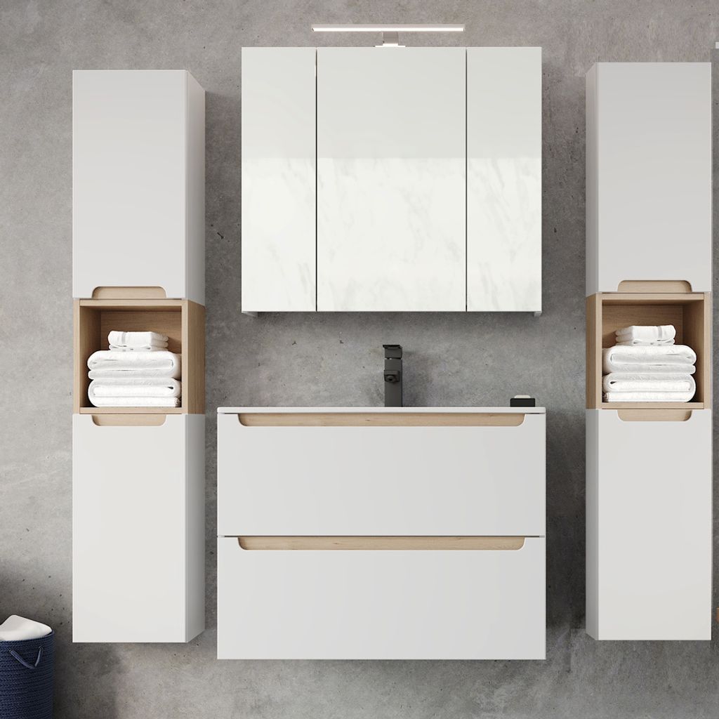 Badmöbel Set Hochglanz weiß mit Trüffel-Buche SOFIA-107 80cm Keramik-Waschtisch & Spiegelschrank, B/H/T ca. 180/200/46 cm