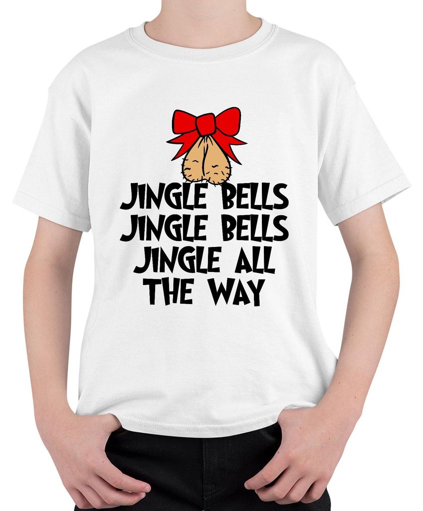 Jingle Bells Jingle All The Way frech Schleife Nuss Weihnachten Uni Kinder T-Shirt, Weiß, 152