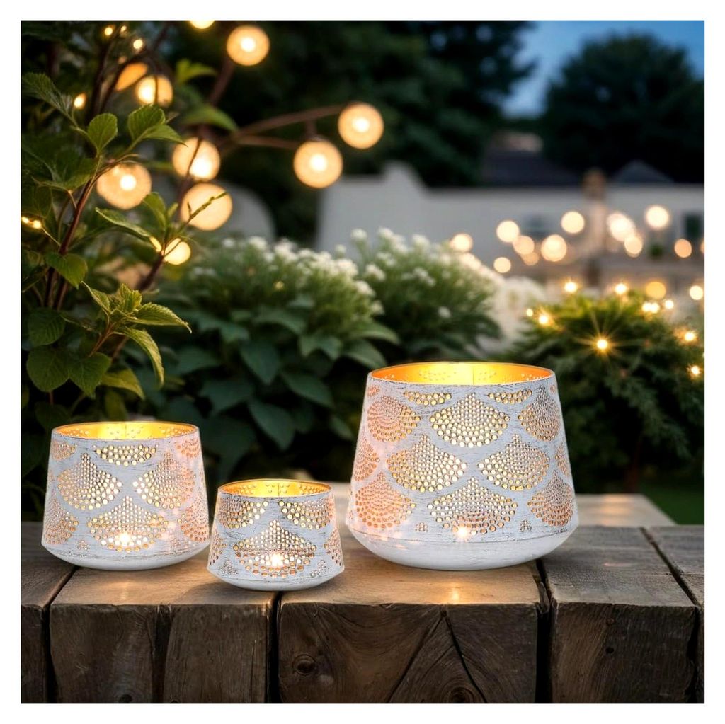 Marrakesch 3er Set Boho Deko Teelichthalter Windlicht 20cm groß weiß Gold