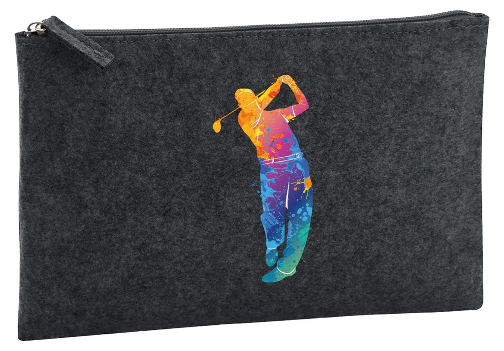 Huuraa Kulturbeutel Golf Spieler bunte Silhouette 1 Liter Charcoal Filz Kosmetiktasche Geschenkidee