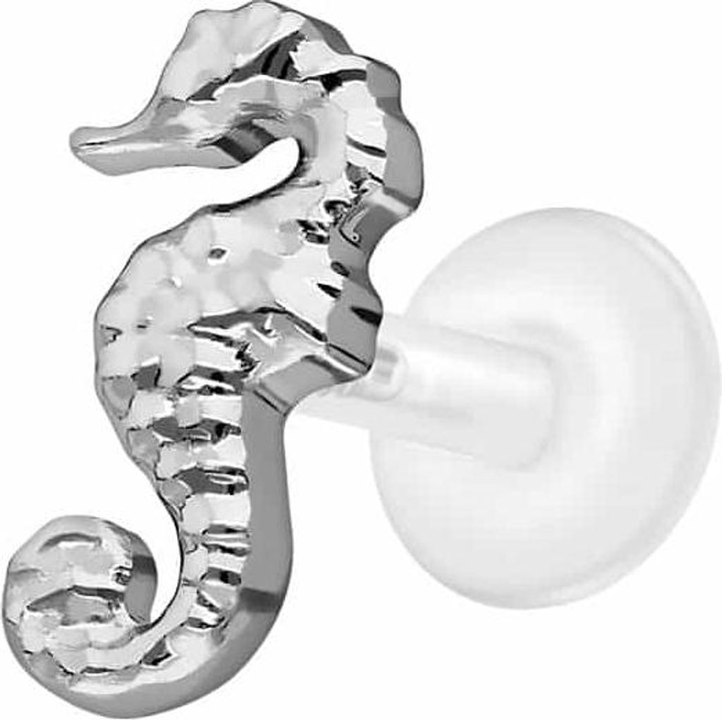 Ohrpiercing, Nasenpiercing PTFE Labret mit Innengewinde + Titan-Aufsatz SEEPFERDCHEN Silber Stablänge: 5mm | Stabstärke: 1,2mm