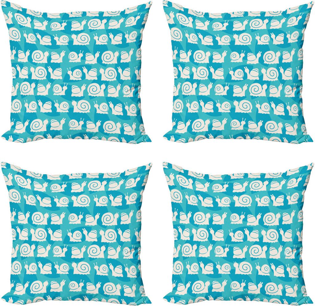ABAKUHAUS Schnecke Kissenbezug Set (4 Stück), Cartoon-Schnecken-Blätter, Moderner Doppelseitiger Digitaldruck, 40 cm x 40 cm, Weiß Blau und Türkis