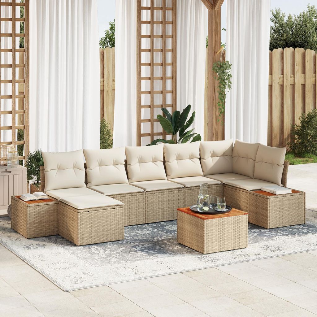 8-teiliges Garten Sofa Set mit Kissen in Beige Poly Rattan Akazie, Design Gartensofas Neu