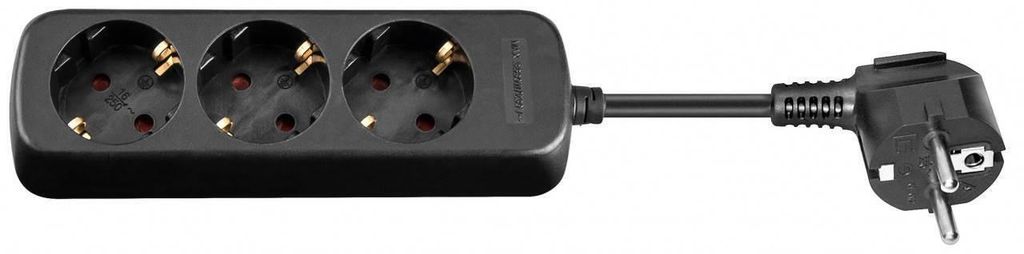 A black power strip with three outlets and a plug on a white background.