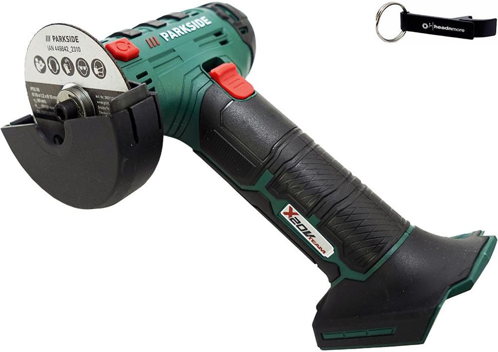 A cordless angle grinder and a keychain are displayed against a white background.