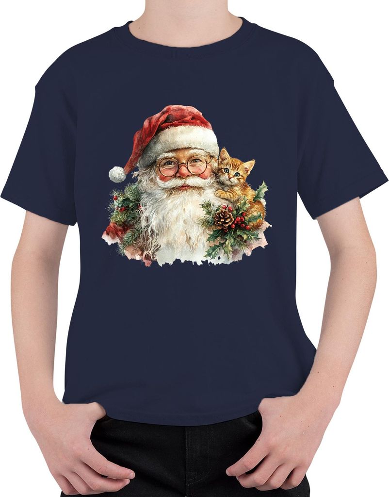 Weihnachtsmann Kätzchen Stechpalme Tannenzweig Zapfen Weihnachten Uni Kinder T-Shirt, Navy, 128