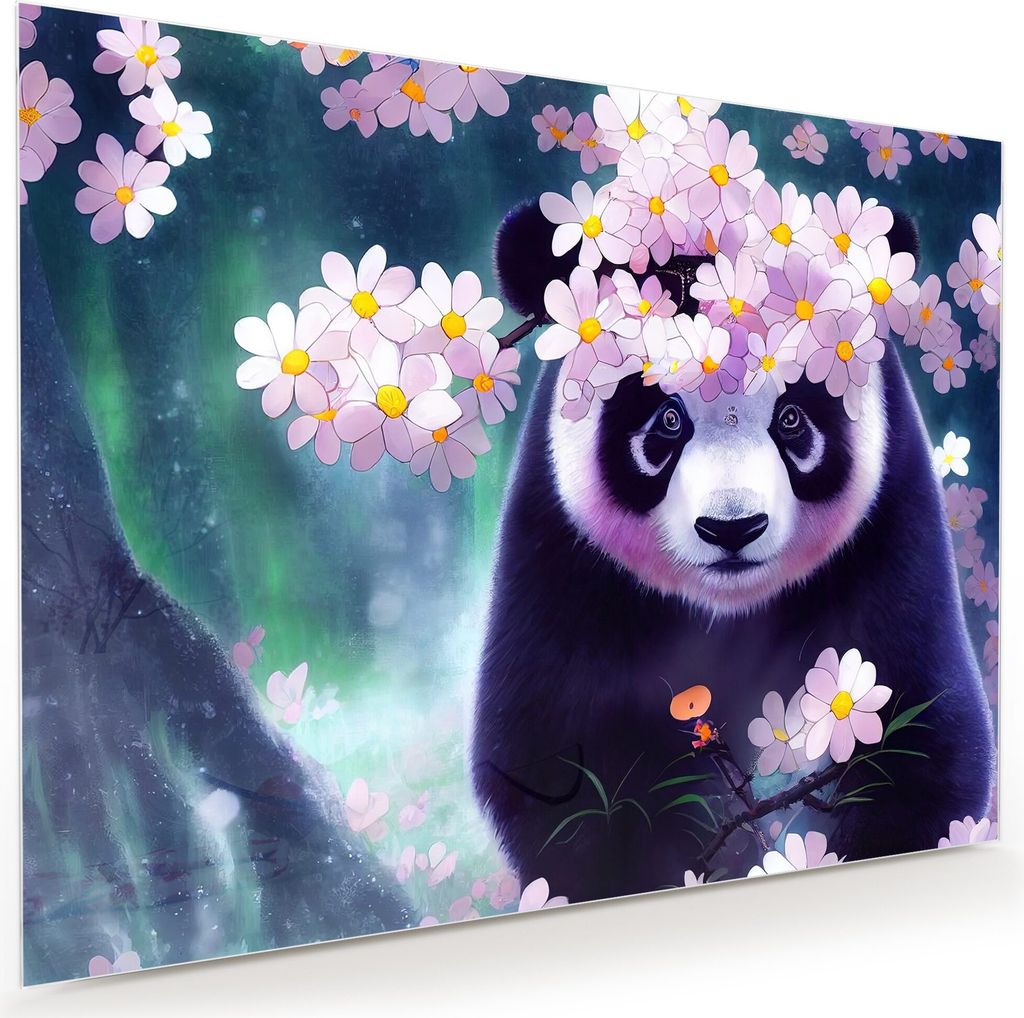 Glasbild Wandbild Japanpanda Blütenkunst 100x75cm in XXL für Wohnzimmer, Schlafzimmer, Badezimmer, Flur