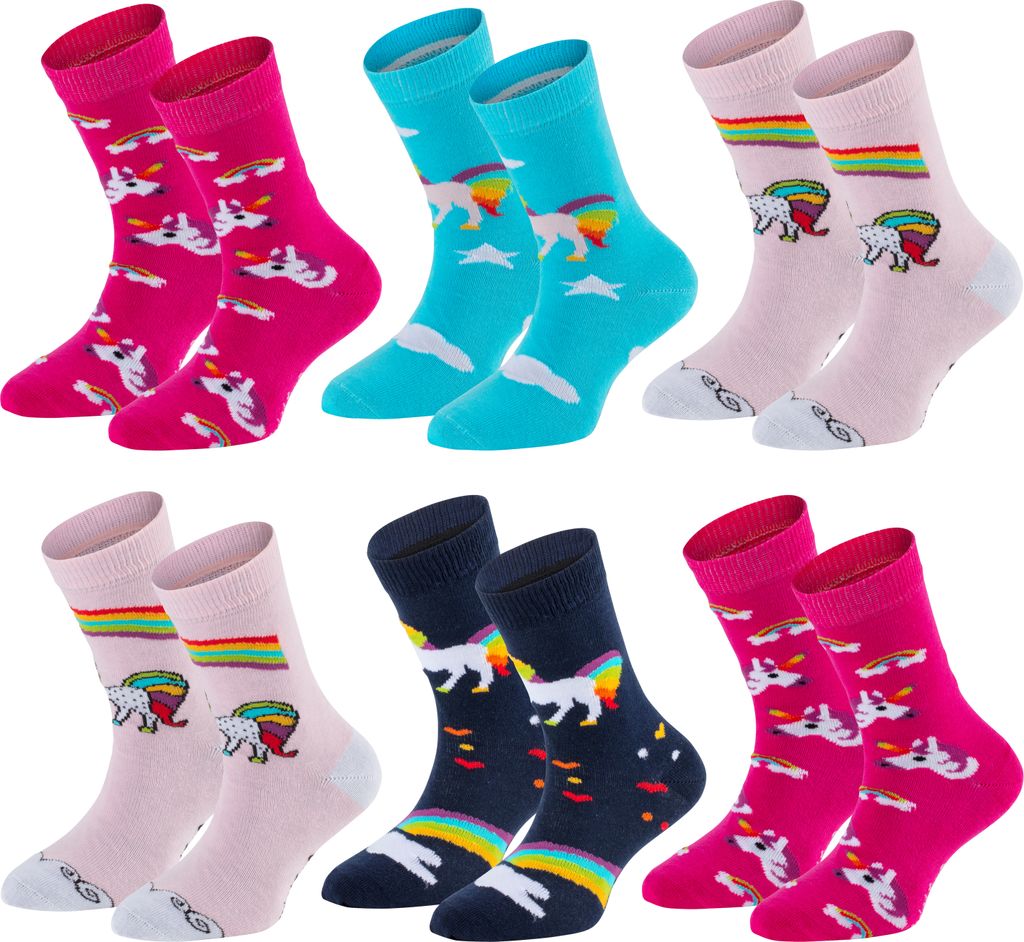 TippTexx 24 6 Paar Kinder Socken, handgekettelt, für Mädchen & Jungen, Einhorn, Größe 35-38