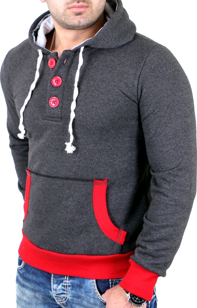 Reslad Pullover Herren Two-Tone Kontrast Kapuzen Hoodie RS-1102 Anthrazit-Rot S
