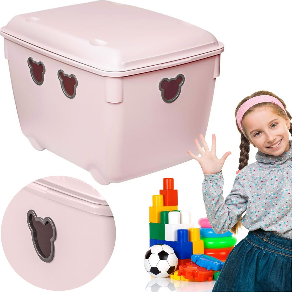 Kunststoffbehälter 40L Spielzeugbehälter Kunststoff Mit Deckel Aufbewahrungsbox Teddybär Rosa