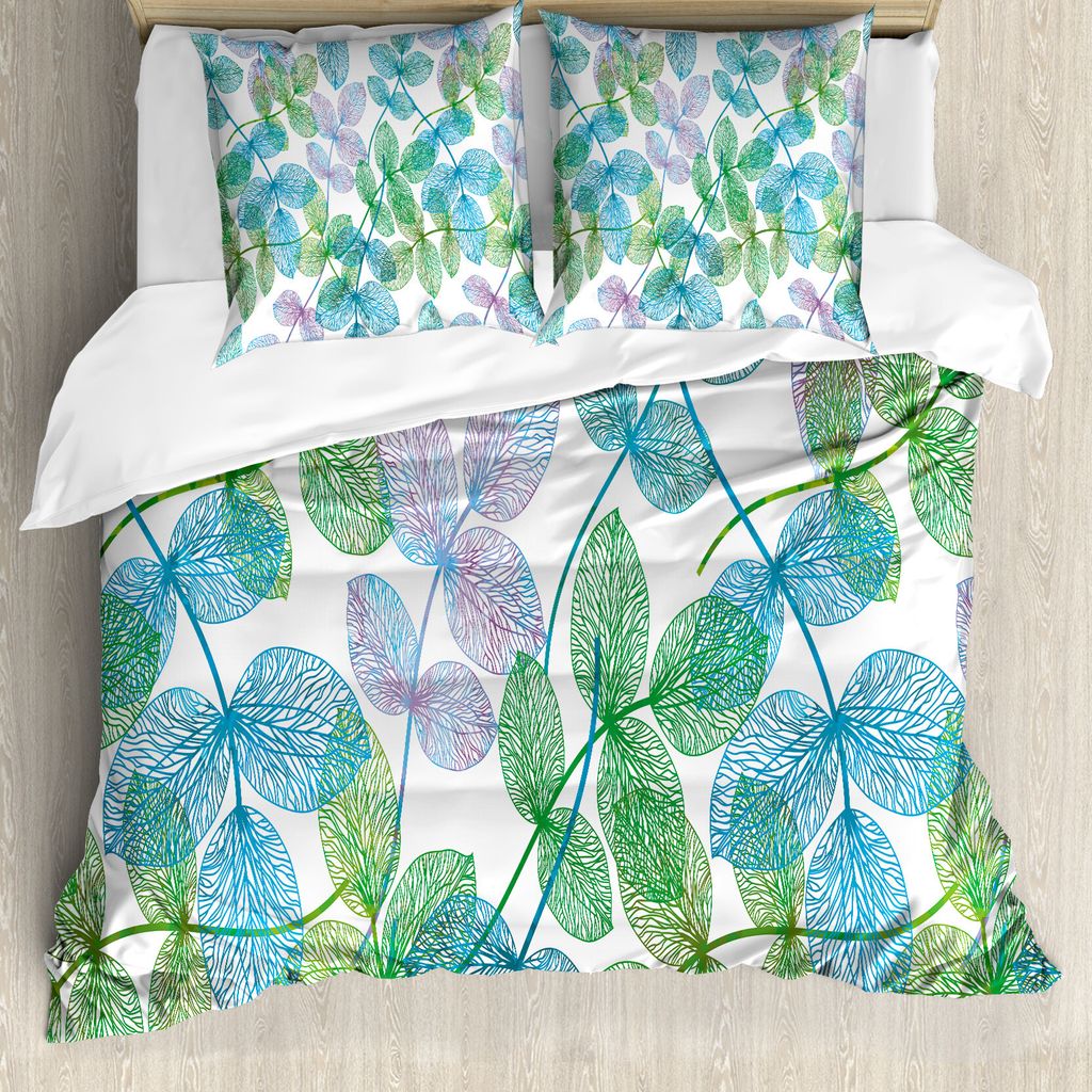 ABAKUHAUS Blumen Bettbezug, Blumen Blätter Ivy Ombre, Milbensicher Allergiker geeignet mit Kissenbezügen, 200 cm x 200 cm - 80 x 80 cm, Farn-Grü...