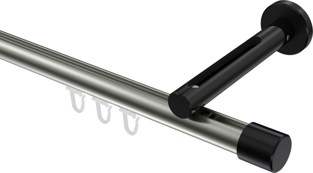 Interdeco Innenlaufstange / Gardinenstange mit Innenlauf Edelstahl-Optik / Schwarz, Typ Siteno Santo (Kappe), 20 mm Ø 1-läufig, 180 cm