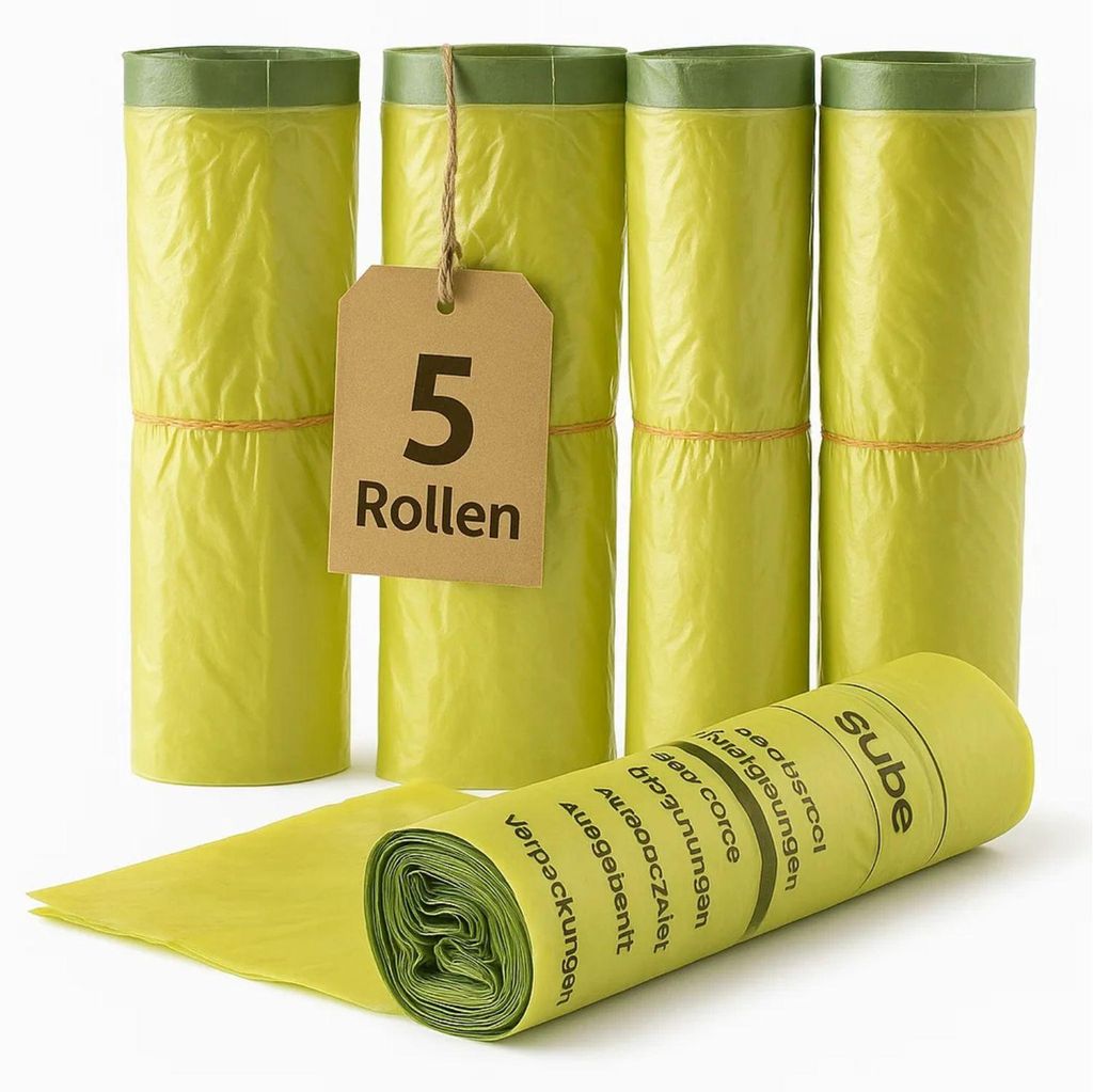 5 Rollen Gelber Sack, Gelbe Säcke mit praktischem Zugband, 90 Liter, 15μ - Wertstoffsack 65 Säcke perforiert auf 5 Rollen