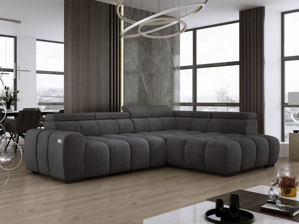 DomoHome Freistehend Ecksofa Ombo 297x137cm, L-Form, GRAFIT mit Schlaffunktion 125x193cm, Sofa mit verstellbarer Rückenlehne, Strukturstoff Salvad...