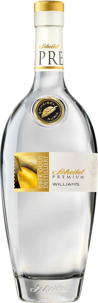 A clear studio shot of a bottle of Scheibel PREMIUM Williams-Christ-Birnen Brand.