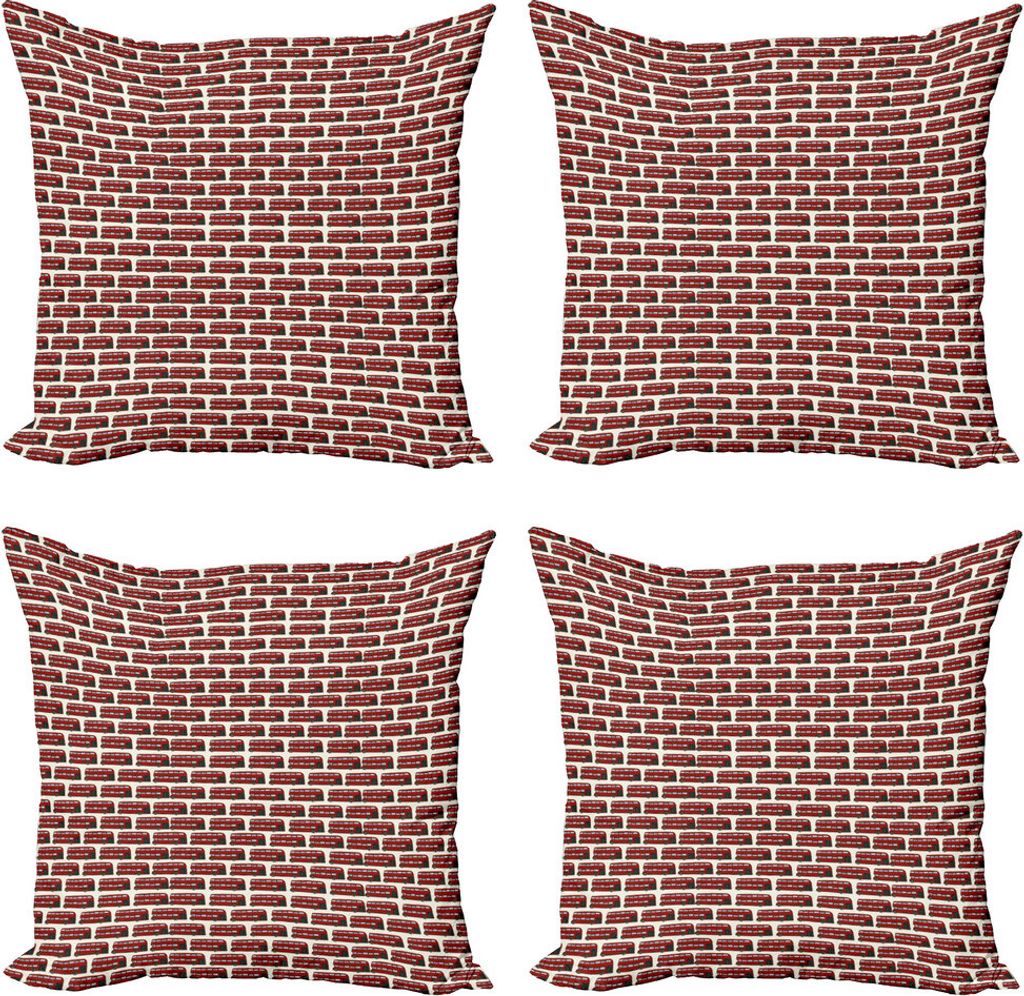 ABAKUHAUS London Kissenbezug Set (4 Stück), Cartoon Double Decker, Moderner Doppelseitiger Digitaldruck, 45 cm x 45 cm, Rot Grau Creme