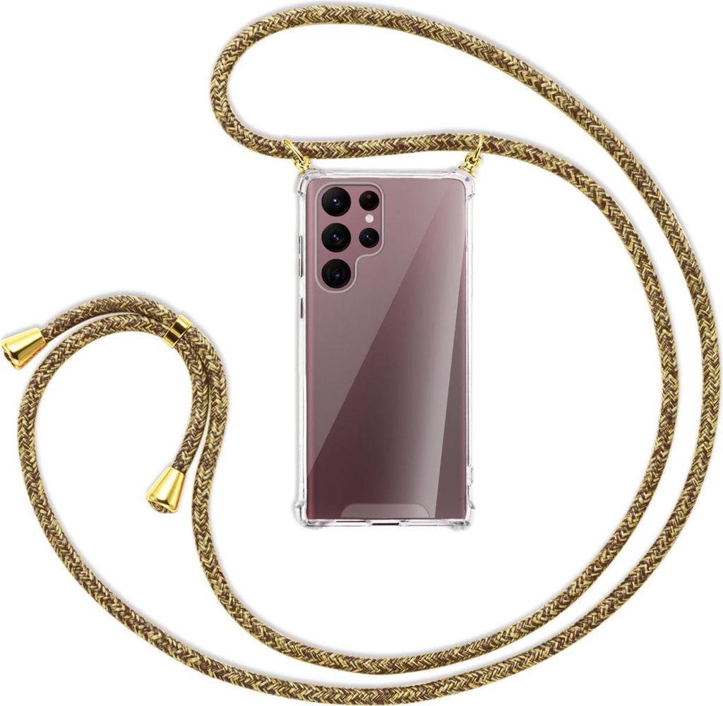 Handykette Backcover-Schutzhülle mit Band (Metall goldfarben) für Samsung Galaxy S22 Ultra 5G (S908) - braun+beige