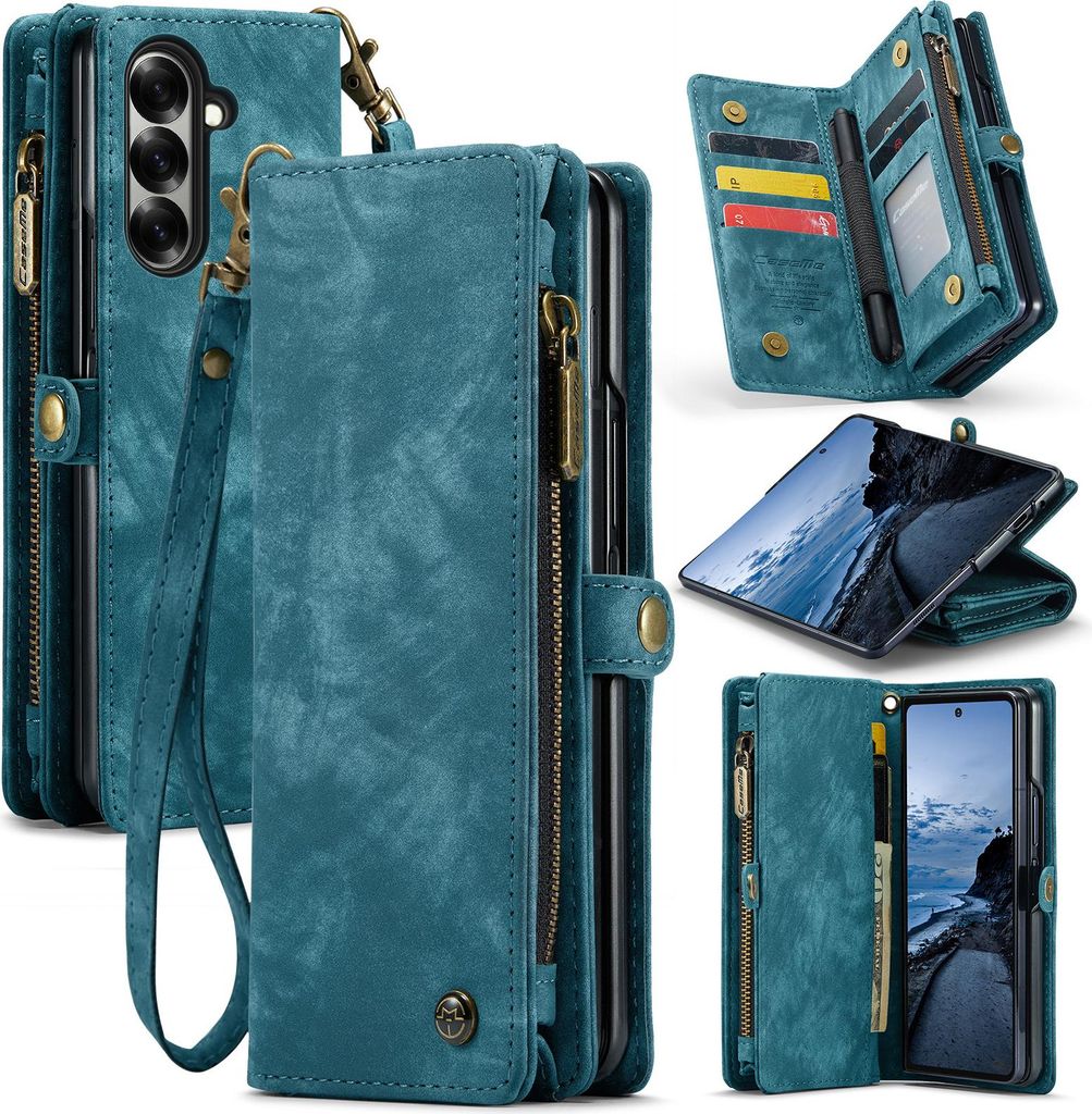 Schutzhülle für Samsung Galaxy Z Fold 7, Vintage Multifunktions Lederhülle, Kartenfächer, Reißverschluss Hülle Blau