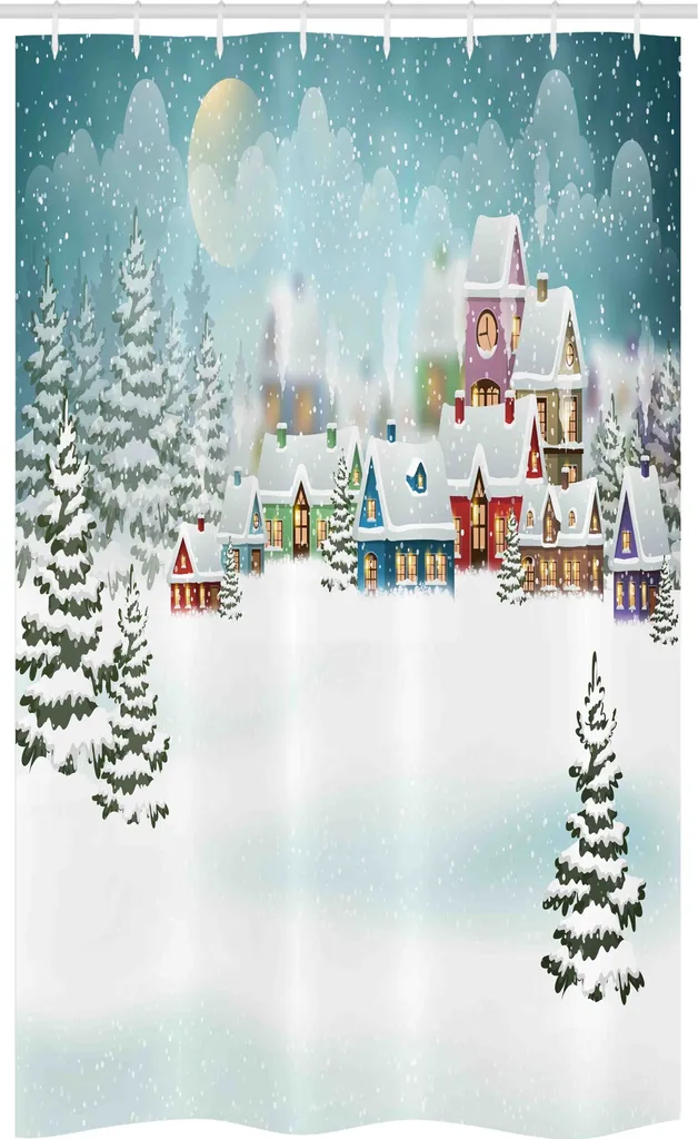 ABAKUHAUS Natale Tenda da doccia stretta, Neve Città Vacanze invernali, Set decorativo per bagno in tessuto con ganci, 120 x 180 cm, Blu cadetto Multicolore