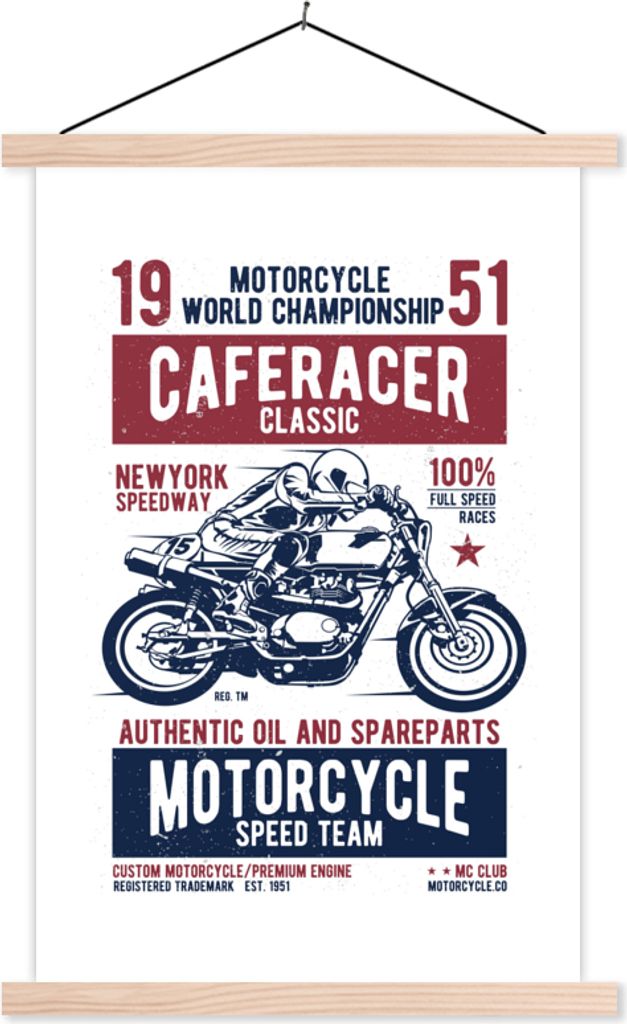 MuchoWow Textilposter Mancave - Motorrad - Vintage - Rennen 120x180 cm mit holzfarbenen Rahmen - Textil-Plakat