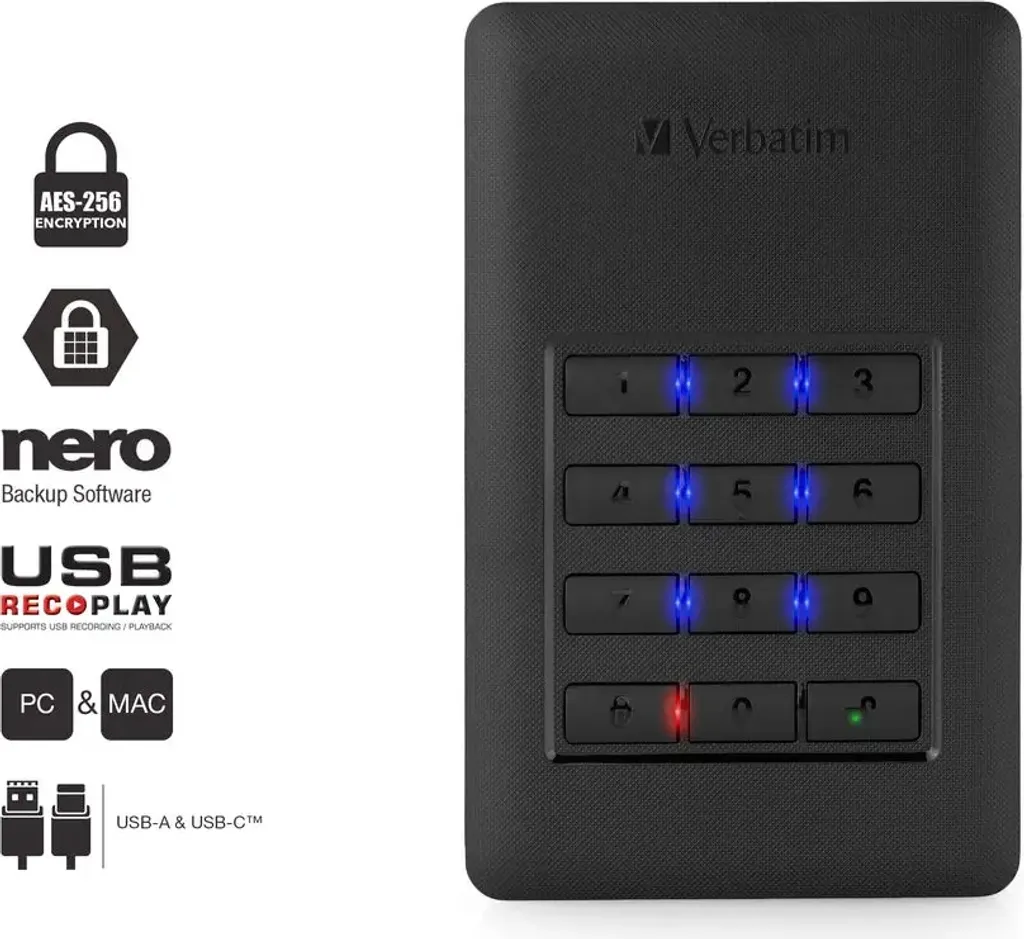 Hard Disk Verbatim 1TB Secure 53401: USB 3.1 e Keypad AES 256-bit - 29