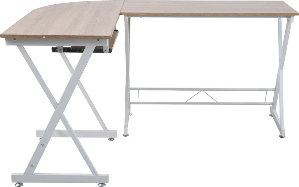 A corner desk with a light wood-effect top and white metal legs, shown against a white background.