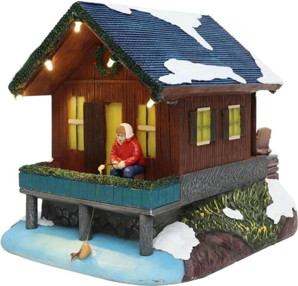 Chalet mit Fischer mit LED Polyresin 20 cm Santaville