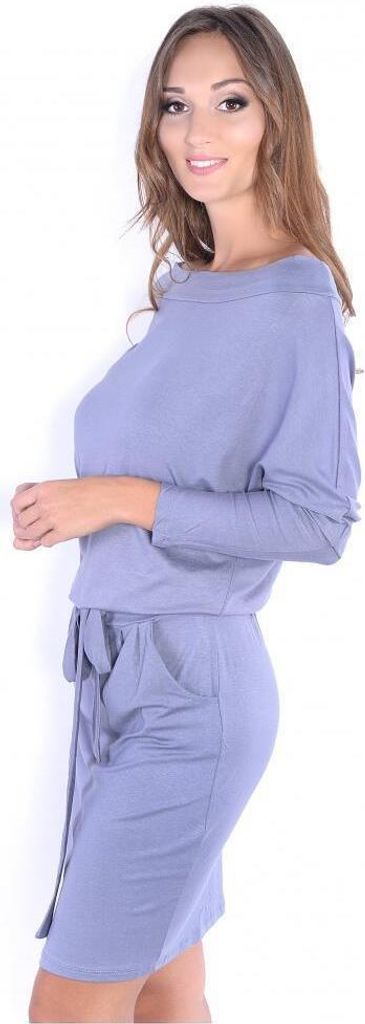 Kleid Knielang mit Bindegürtel Langarm; Grau L/XL