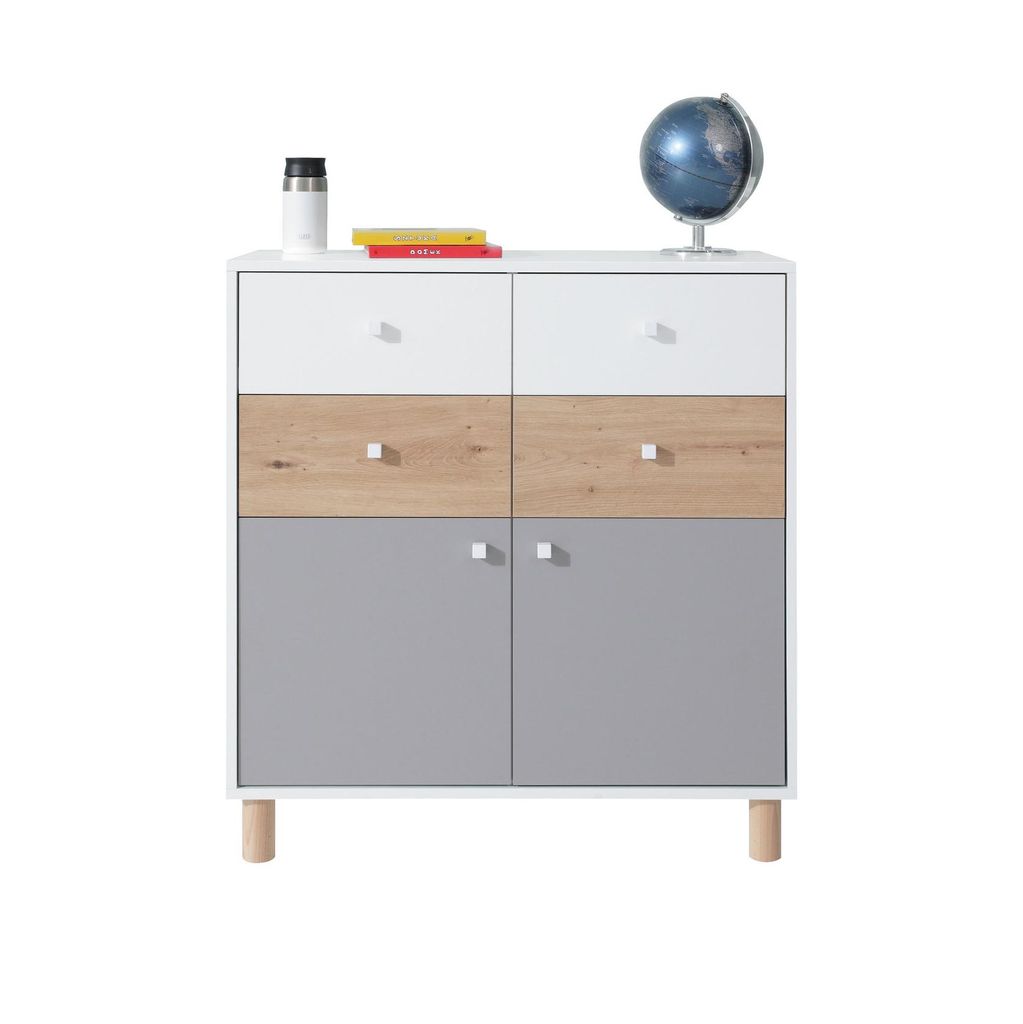 Kommode FIGO Sideboard mit 4 Schubladen und 2 Türen, Bunt - Weiß/Eiche Artisan/Grau