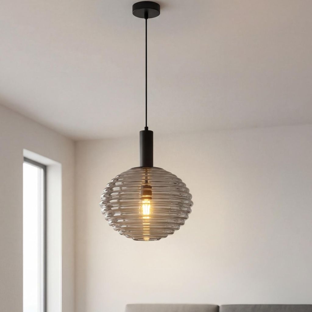 Hängeleuchte Rauchglas Metall D: 32 cm H: max. 150 cm verstellbar Schwarz Metall Glas E27 Pendelleuchte Küche