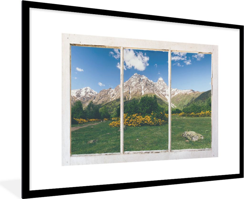 MuchoWow MuchoWow Gerahmtes Poster Ausblick - Felsen - Blumen 90x60 cm - Poster mit zchwarzem Bilderrahmen - Wanddekoration - Fotos