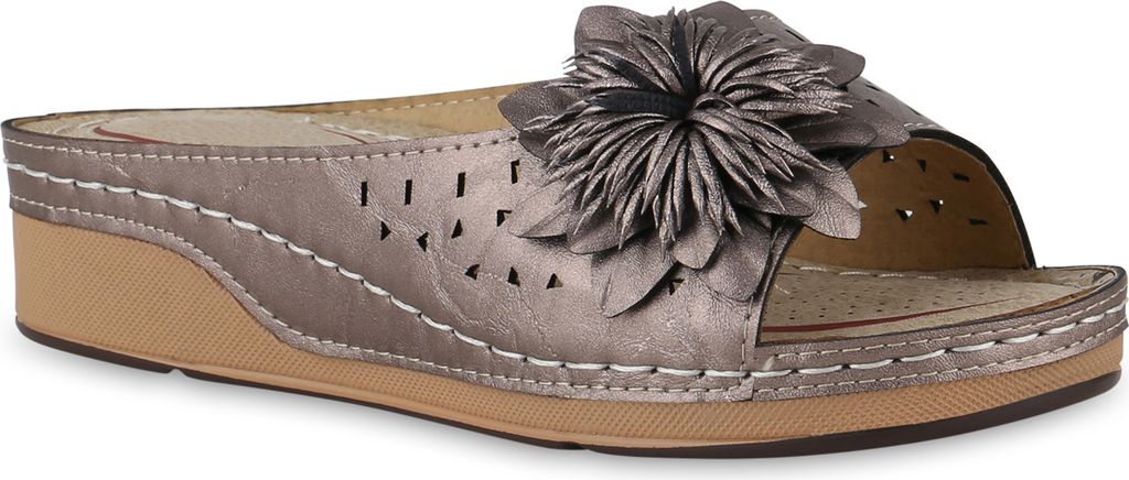 VAN HILL Damen Pantoletten Bequeme Komfort Blume Cut-Outs Schuhe 841043, Farbe: Grau Metallic, Größe: 36
