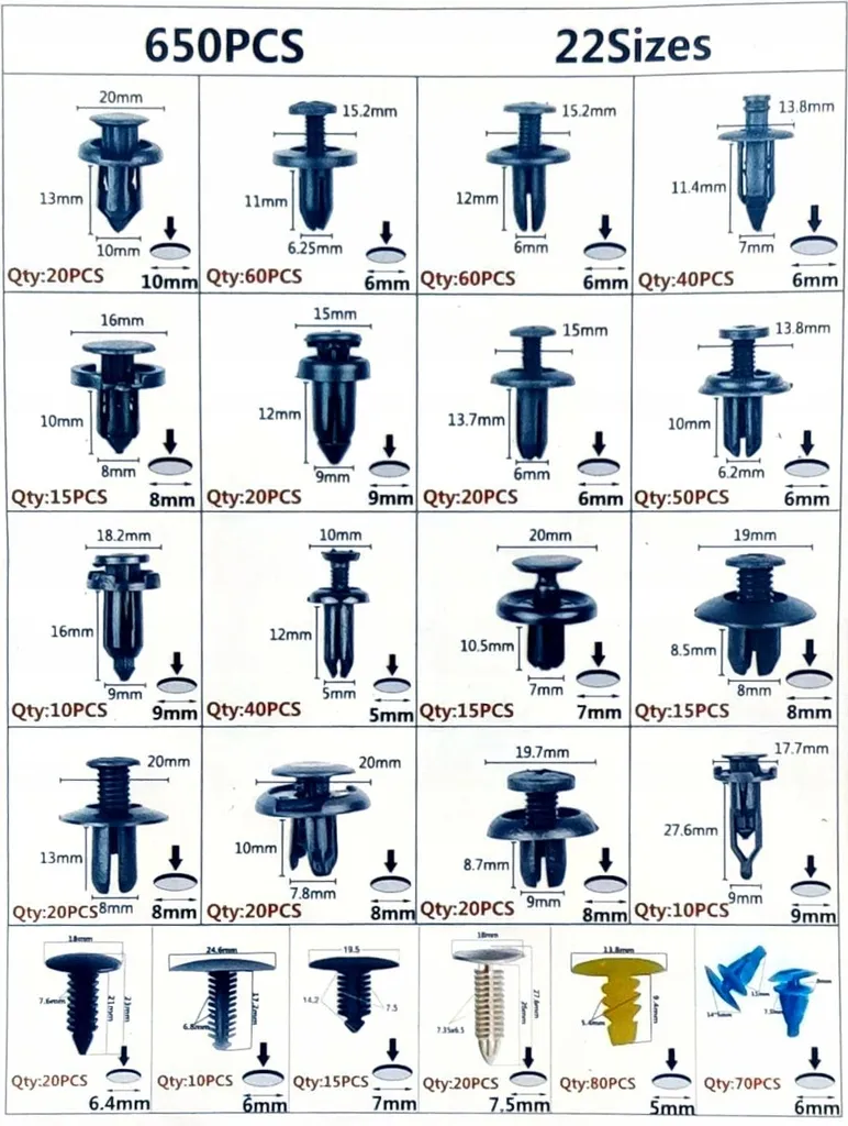 Kit 680 Clip Tappezzeria Auto Universali - Rivetti in Nylon per Carrozzeria - 2
