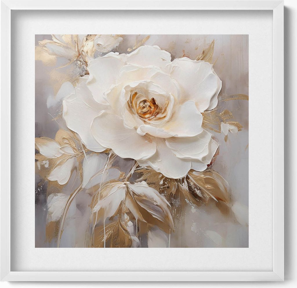 Zarte gemalte Blume– Wandbild mit Rahmen – Gerahmtes Bild – Wanddekoration – 50x50 cm – Weiß Rahmen