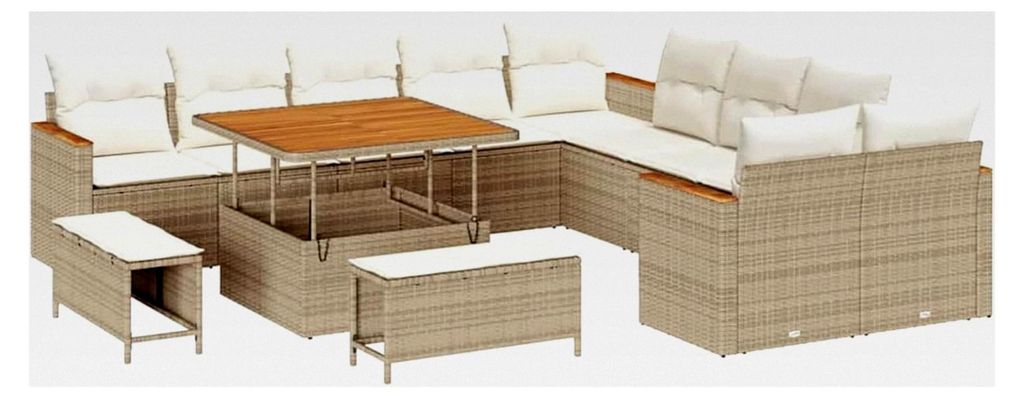 13-teiliges Garten-Sofagarnitur mit Kissen Beige Poly Rattan Akazie Lounge Sofa Outdoor