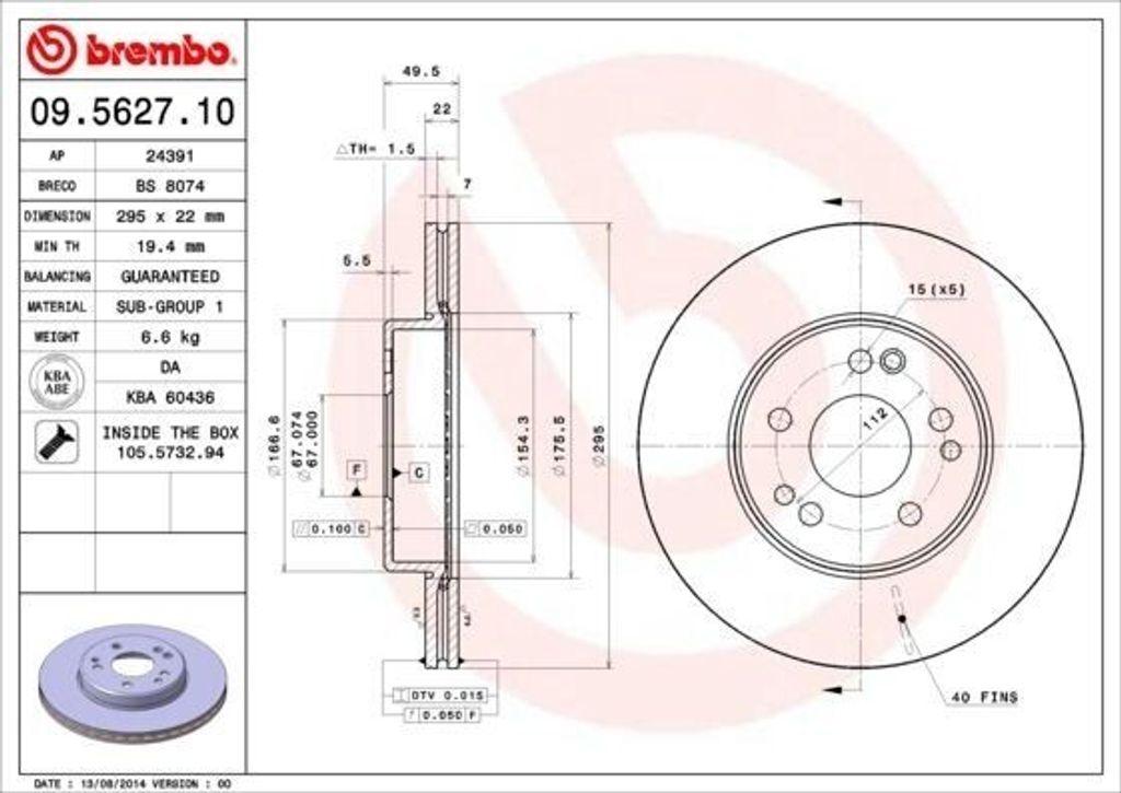BREMBO 09.5627.10 - OE 1244211512 Bremsscheibe für Cabriolet (A124), E-Klasse (S124)