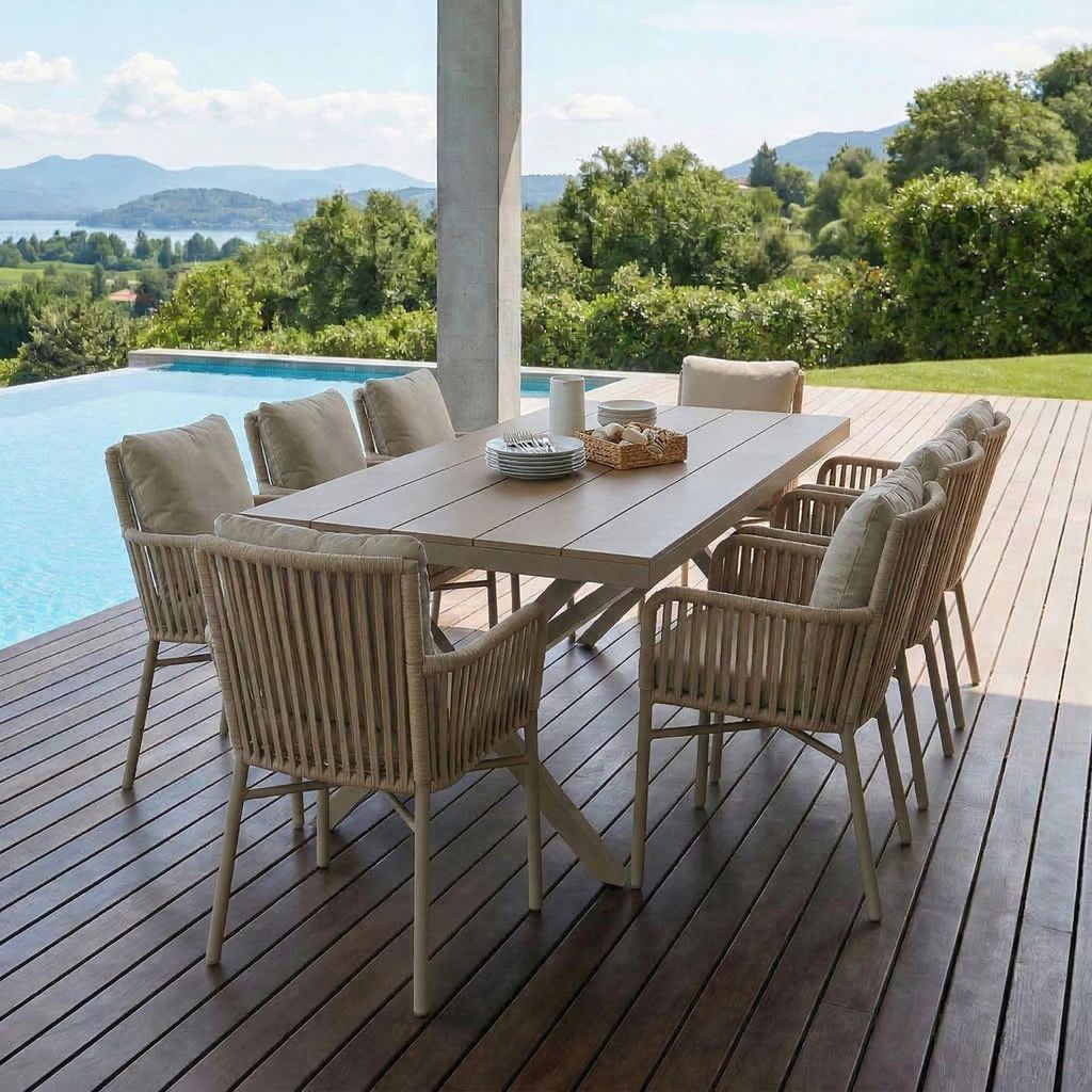 Gartenmöbel-Set AFUERA Tisch mit 8 Stühlen, Champagner - Outdoor Essgruppe für bis zu 8 Personen, wetterfest und pflegeleicht, wasserabweisende ...